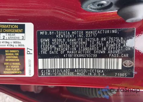 2017 Toyota Camry Xle из США, поврежденный, VIN 4T1BF1FK8HU765799